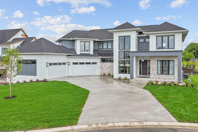 16404 47th Pl N, Plymouth, MN 55446 - contemporary house with driveway, stucco siding, a front yard, a shingled roof, and an attached garage