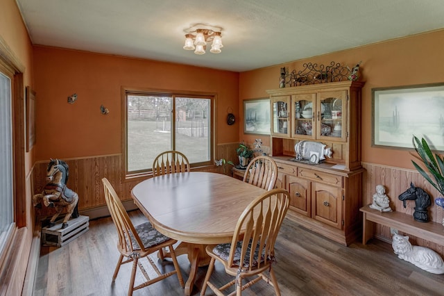 36037 678th St, Hill Lake Twp, MN 55748 - dining room featuring a wainscoted wall, wood finished floors, and wooden walls