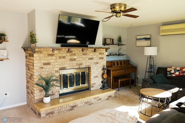806 E St, Bottineau, ND 58318 - living room with a wall mounted AC, a fireplace, carpet flooring, and ceiling fan