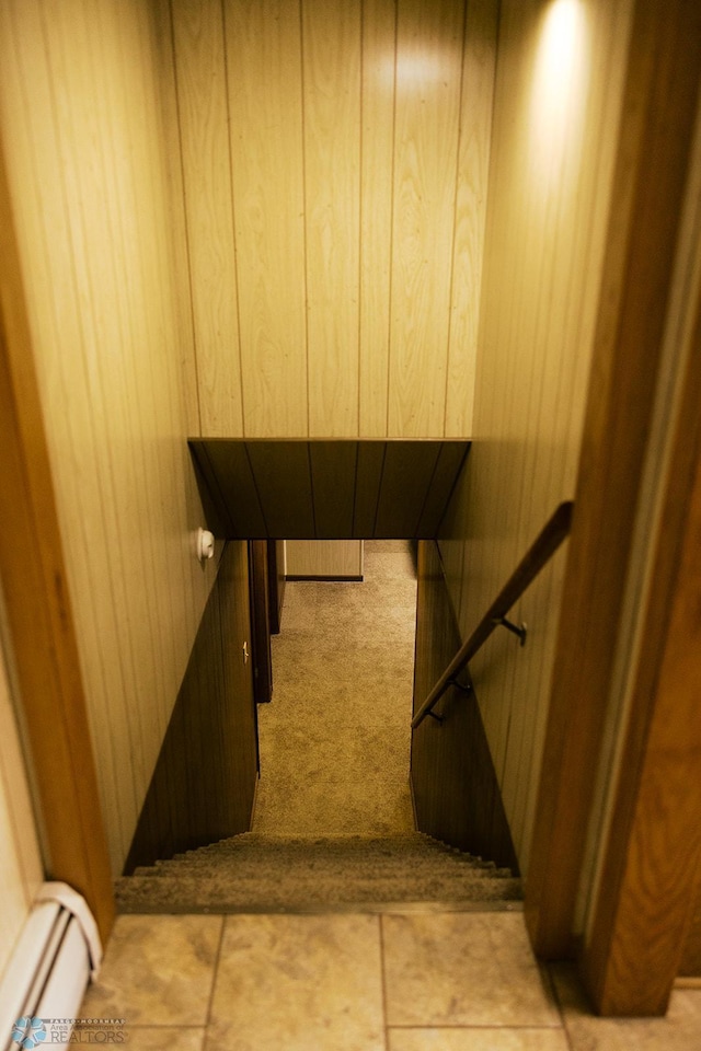 806 E St, Bottineau, ND 58318 - stairway with a baseboard radiator, wooden walls, and carpet floors