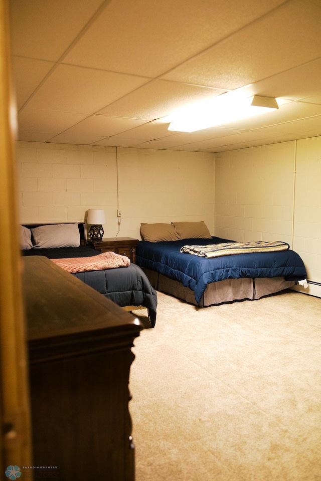 806 E St, Bottineau, ND 58318 - carpeted bedroom featuring concrete block wall and a drop ceiling