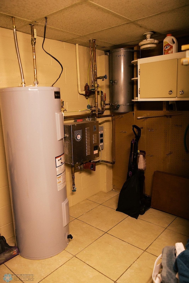 806 E St, Bottineau, ND 58318 - utility room featuring electric water heater, water heater, and a heating unit