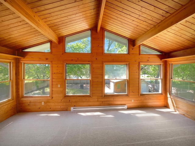 5617 220th St N, Forest Lake, MN 55025 - unfurnished sunroom featuring carpet floors, healthy amount of natural light, a baseboard heating unit, wood walls, and wooden ceiling