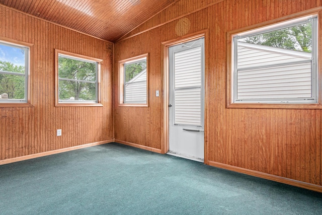 1700 Laramie Trl, Brooklyn Park, MN 55444 - carpeted spare room featuring vaulted ceiling, wood walls, and wooden ceiling