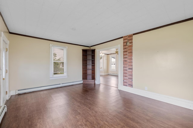 8965 Market St, Sturgeon Lake, MN 55783 - empty room featuring wood finished floors, ornamental molding, baseboard heating, baseboards, and a ceiling fan