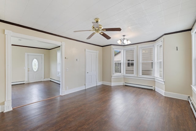 8965 Market St, Sturgeon Lake, MN 55783 - unfurnished living room featuring a baseboard radiator, ornamental molding, dark wood-style floors, and a ceiling fan