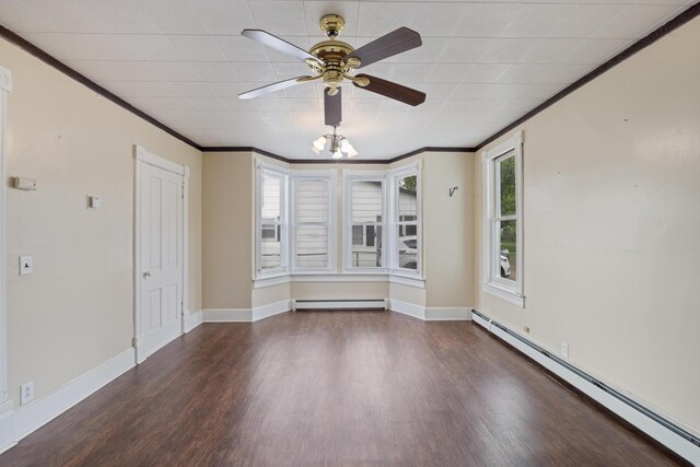 8965 Market St, Sturgeon Lake, MN 55783 - spare room with a baseboard radiator, wood finished floors, a ceiling fan, crown molding, and baseboards