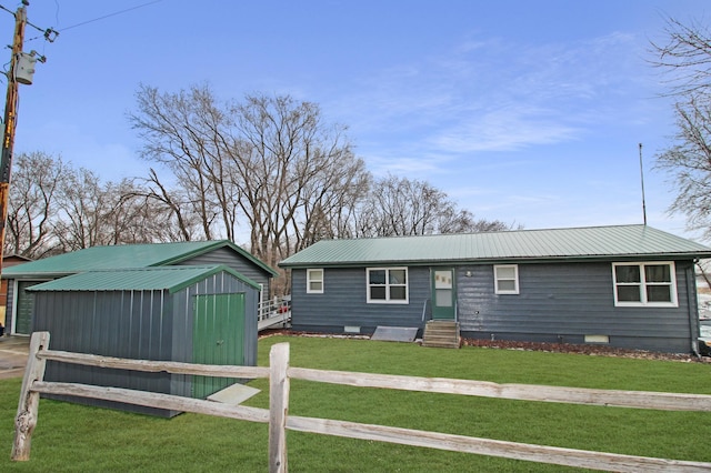 273 Alder Rd, South Haven, MN 55382 - ranch-style house with entry steps, a metal roof, an outdoor structure, a front lawn, and crawl space