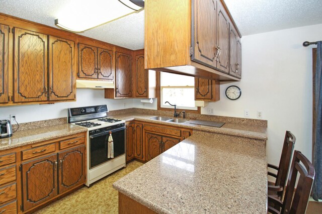 273 Alder Rd, South Haven, MN 55382 - kitchen with white range with gas stovetop, under cabinet range hood, a textured ceiling, brown cabinetry, and a peninsula