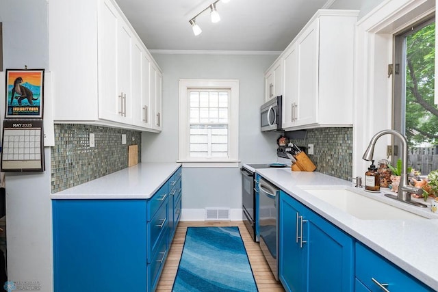 1328 6th St S, Fargo, ND 58103 - kitchen featuring blue cabinets, stainless steel appliances, a sink, white cabinetry, and crown molding