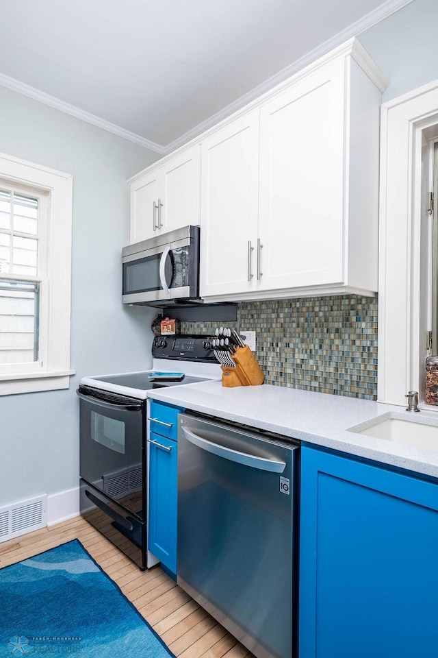 1328 6th St S, Fargo, ND 58103 - kitchen with stainless steel appliances, blue cabinets, light wood finished floors, light countertops, and tasteful backsplash