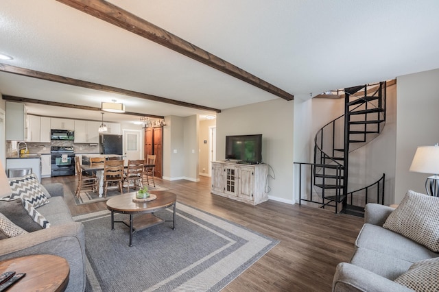 E13680 Stelter Rd, Fall Creek, WI 54742 - living room with stairway, dark wood finished floors, beamed ceiling, and baseboards