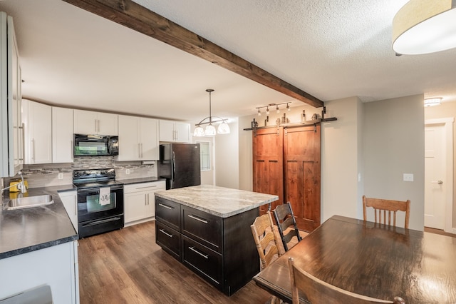 E13680 Stelter Rd, Fall Creek, WI 54742 - kitchen with black appliances, a sink, backsplash, dark wood-type flooring, and white cabinetry