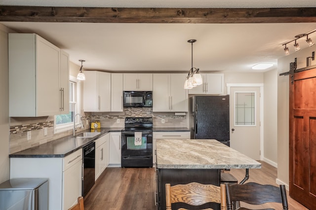 E13680 Stelter Rd, Fall Creek, WI 54742 - kitchen with black appliances, a sink, dark wood-style flooring, white cabinetry, and beam ceiling
