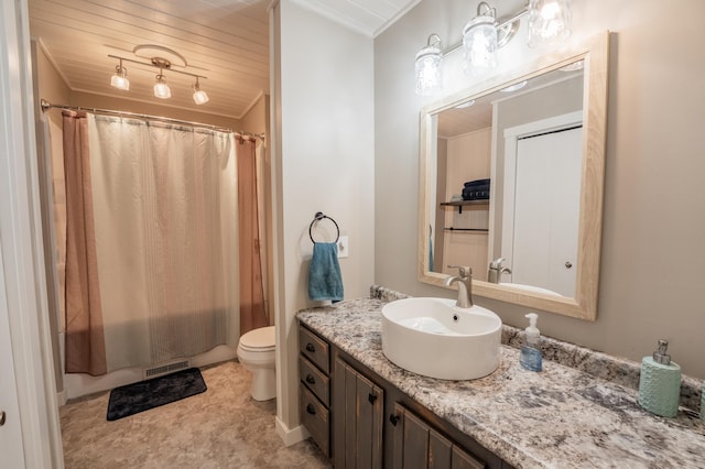 E13680 Stelter Rd, Fall Creek, WI 54742 - bathroom with ornamental molding, vanity, toilet, shower / bath combo, and wooden ceiling