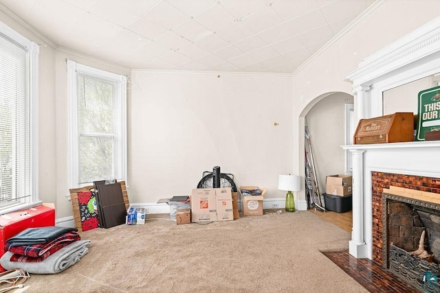 220 12th Ave E, Duluth, MN 55805 - living room featuring ornamental molding, carpet, arched walkways, and a fireplace with flush hearth