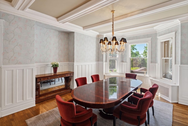 226 Grotto St S, Saint Paul, MN 55105 - dining area with a chandelier, wood finished floors, wainscoting, beam ceiling, and crown molding