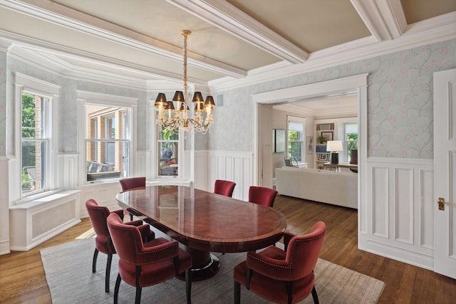 226 Grotto St S, Saint Paul, MN 55105 - dining space featuring wallpapered walls, a wainscoted wall, a chandelier, crown molding, and beam ceiling