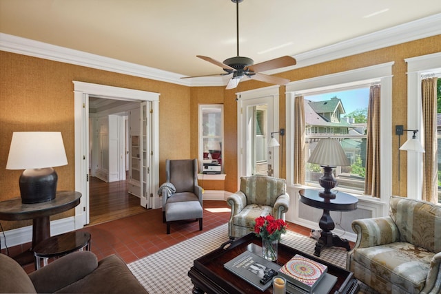 226 Grotto St S, Saint Paul, MN 55105 - tiled living area with a ceiling fan and ornamental molding