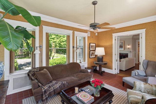 226 Grotto St S, Saint Paul, MN 55105 - living area with tile patterned flooring, plenty of natural light, ceiling fan, and crown molding