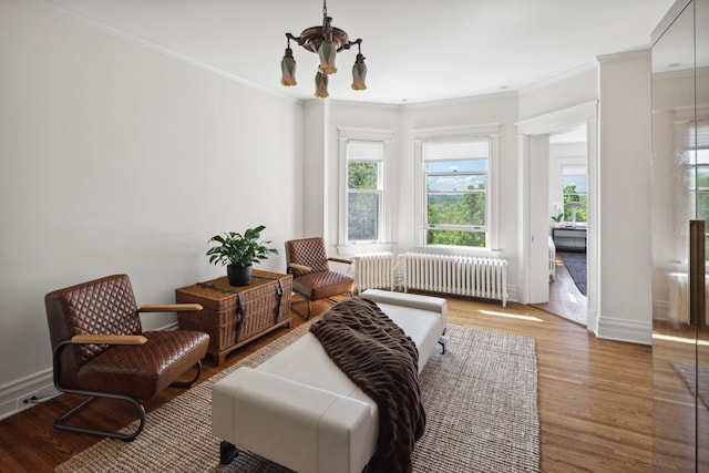 226 Grotto St S, Saint Paul, MN 55105 - sitting room with radiator heating unit, plenty of natural light, a chandelier, wood finished floors, and ornamental molding