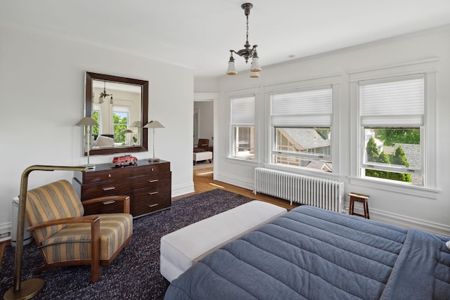 226 Grotto St S, Saint Paul, MN 55105 - bedroom with radiator, a chandelier, wood finished floors, ornamental molding, and baseboards