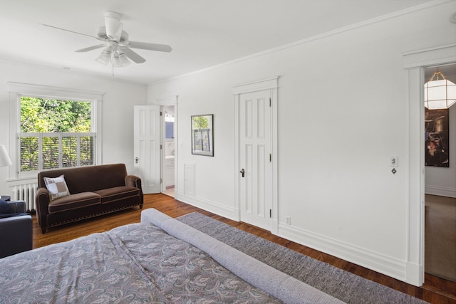 226 Grotto St S, Saint Paul, MN 55105 - bedroom featuring radiator, wood finished floors, a ceiling fan, ensuite bathroom, and ornamental molding