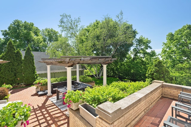 226 Grotto St S, Saint Paul, MN 55105 - wooden terrace featuring a pergola, an outdoor hangout area, a patio area, and view of scattered trees