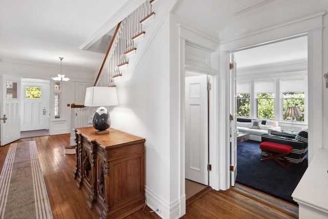226 Grotto St S, Saint Paul, MN 55105 - entryway featuring wood-type flooring, a chandelier, ornamental molding, stairs, and baseboards