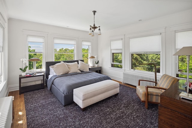 226 Grotto St S, Saint Paul, MN 55105 - bedroom featuring radiator heating unit, multiple windows, a chandelier, wood finished floors, and crown molding