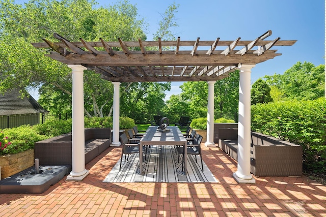 226 Grotto St S, Saint Paul, MN 55105 - view of patio featuring an outdoor hangout area, a pergola, and outdoor dining space