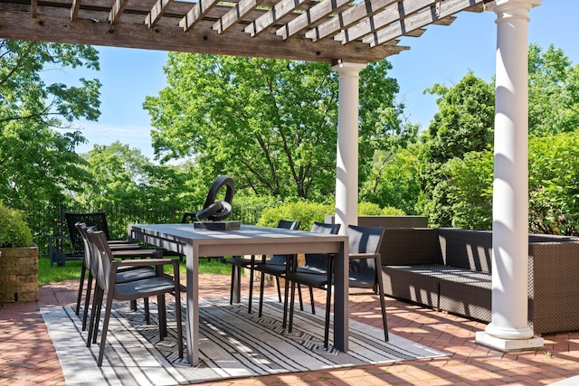 226 Grotto St S, Saint Paul, MN 55105 - wooden terrace with outdoor dining area, a pergola, an outdoor hangout area, and view of wooded area