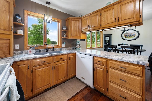 21750 County 36, Reynolds Twp, MN 56347 - kitchen with white dishwasher, open shelves, a sink, stove, and dark wood finished floors