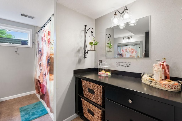 21750 County 36, Reynolds Twp, MN 56347 - full bathroom featuring vanity, a shower with shower curtain, and baseboards