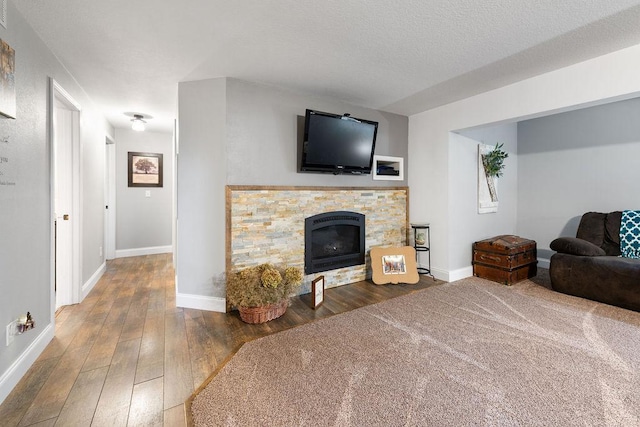 21750 County 36, Reynolds Twp, MN 56347 - living area with hardwood / wood-style floors, baseboards, and a stone fireplace