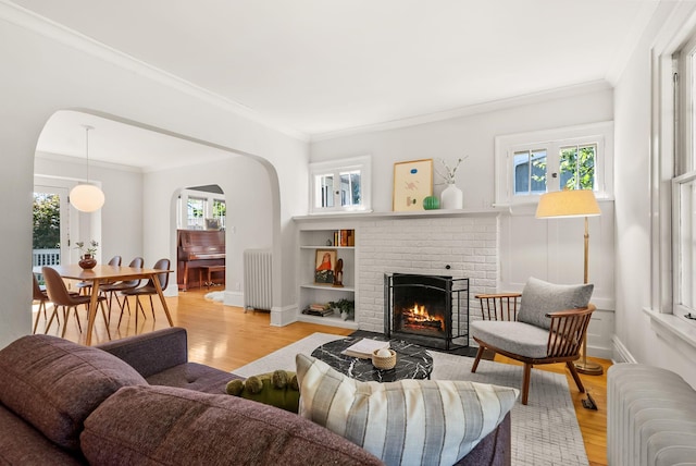 4705 Lyndale Ave S, Minneapolis, MN 55419 - living room with radiator, arched walkways, crown molding, and healthy amount of natural light