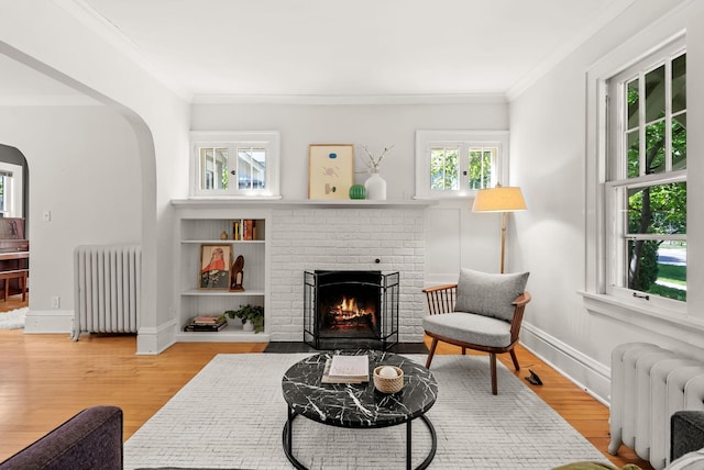4705 Lyndale Ave S, Minneapolis, MN 55419 - living area with radiator heating unit, ornamental molding, wood finished floors, and a brick fireplace