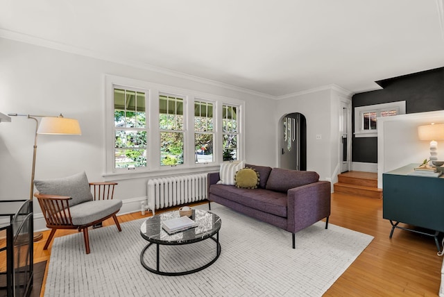 4705 Lyndale Ave S, Minneapolis, MN 55419 - living room featuring radiator, arched walkways, ornamental molding, light wood-type flooring, and baseboards