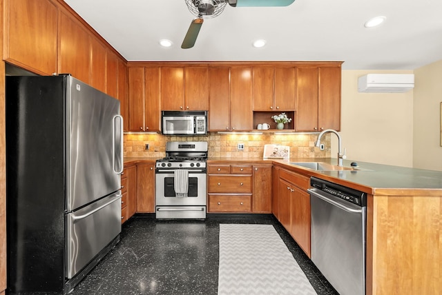 4705 Lyndale Ave S, Minneapolis, MN 55419 - kitchen featuring stainless steel appliances, a sink, a ceiling fan, a wall unit AC, and recessed lighting