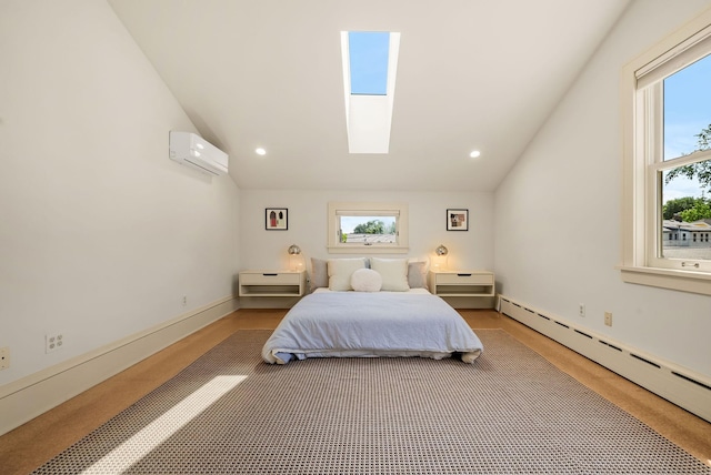 4705 Lyndale Ave S, Minneapolis, MN 55419 - bedroom featuring a wall mounted air conditioner, a baseboard heating unit, a skylight, lofted ceiling, and recessed lighting