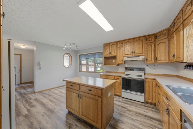 425 Franklin St, Morristown, MN 55052 - kitchen with white electric stove, under cabinet range hood, a center island, light wood-style floors, and light countertops
