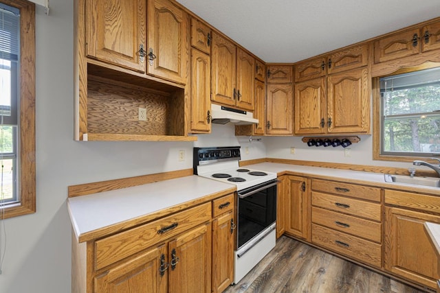 425 Franklin St, Morristown, MN 55052 - kitchen featuring white electric range, under cabinet range hood, a sink, light countertops, and dark wood finished floors