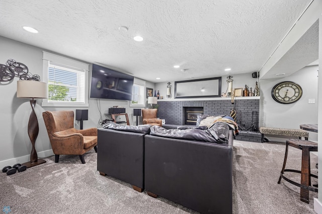 18117 Cherry Creek Ln, Erie Twp, MN 56501 - living area with carpet floors, a textured ceiling, a fireplace, recessed lighting, and baseboards