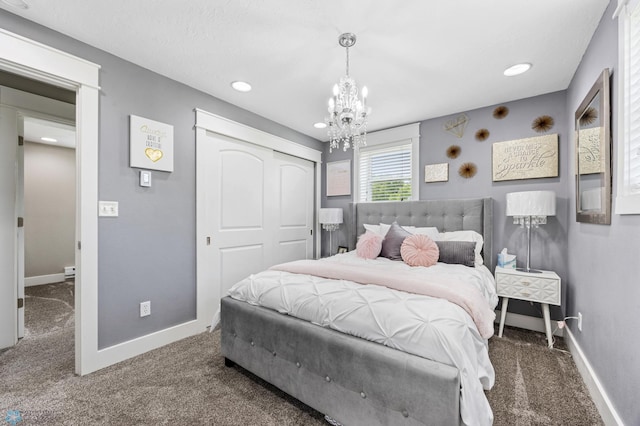 18117 Cherry Creek Ln, Erie Twp, MN 56501 - bedroom featuring carpet flooring, a chandelier, a closet, baseboards, and recessed lighting
