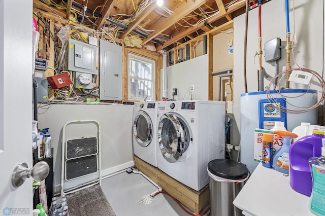18117 Cherry Creek Ln, Erie Twp, MN 56501 - washroom featuring electric panel, washing machine and dryer, and electric water heater