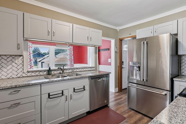 1148 Geranium Ave E, Saint Paul, MN 55106 - kitchen with appliances with stainless steel finishes, a sink, ornamental molding, backsplash, and dark wood-type flooring