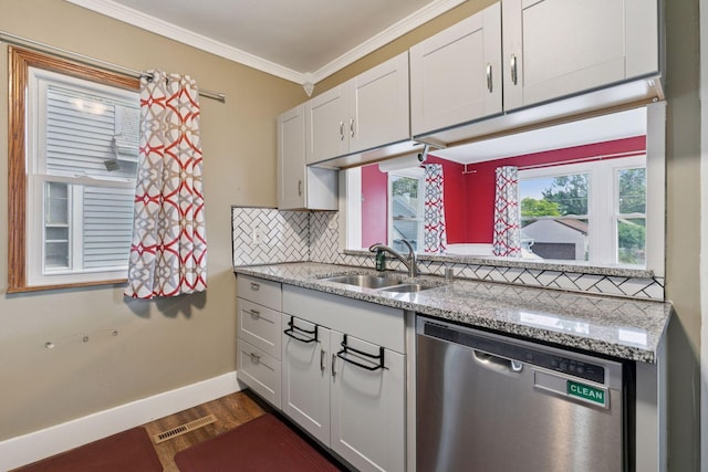 1148 Geranium Ave E, Saint Paul, MN 55106 - kitchen with dishwasher, a sink, tasteful backsplash, dark wood-type flooring, and ornamental molding