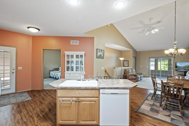 11645 Alpine Dr, Monticello, MN 55362 - kitchen with white dishwasher, a sink, dark wood-style floors, ceiling fan, and open floor plan