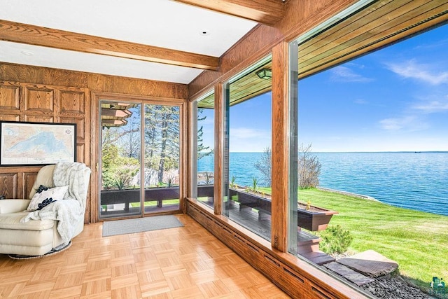 2900 London Rd, Duluth, MN 55804 - unfurnished sunroom with a water view, wooden walls, and beamed ceiling