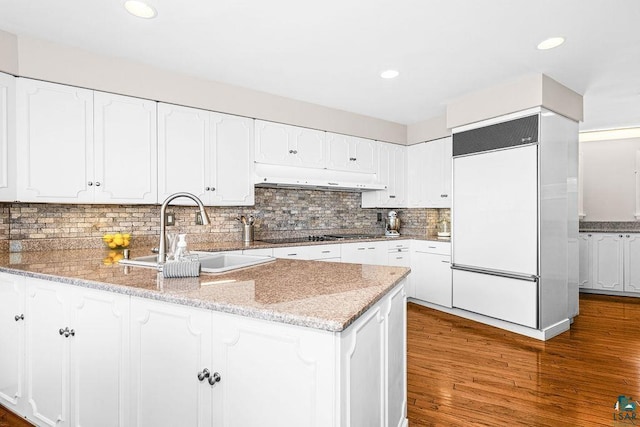 2900 London Rd, Duluth, MN 55804 - kitchen featuring white built in refrigerator, a sink, a peninsula, white cabinets, and under cabinet range hood